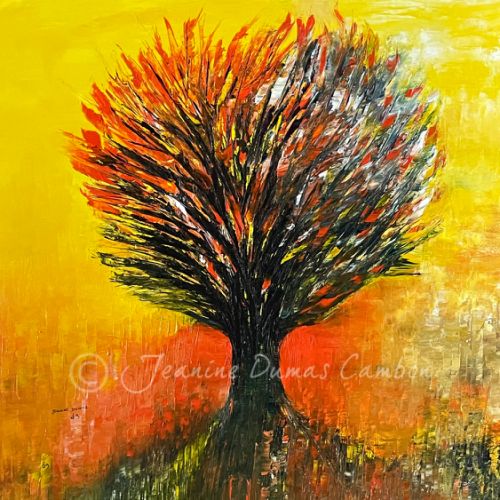 « Mystère de l’arbre ardent ». Huile sur toile de lin.80x80 cm